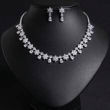Bộ trang sức đính đá Cubic Zirconia tông bạc 3 món bao gồm hoa tai, vòng cổ, thích hợp cho trang phục dự tiệc, đám cưới, dạ tiệc, quà tặng trang sức thời trang của phụ nữ - Bộ trang sức - Xem 14