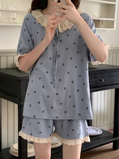 两件套圆领短袖短裤休闲宽松睡衣套装，蝴蝶结印花短袖短裤家居服，舒适睡衣套装，休闲家居服 | 可爱睡衣套装 | 易护理面料