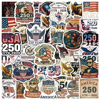 50pcs USA 250th Anniversary Commemorative Graffiti Stickers, Decorative Commemorative Sticker Sheets Scrapbook Supplies Stationery Funny Stickers Kindle