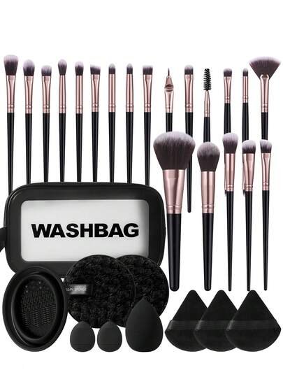 30PCS Makeup Tools Set Including:20PCS Makeup Brush Set+3PCS Triangle Powder Puffs+2PCS Circular Powder Puffs+1pc Makeup Sponges+2PCS Mini Makeup Sponges+1pc Makeup Brush Cleaning Tools+1pc Multi-Functional Zipper Toiletry And Cosmetic Bag Waterproof,All-In-One & Beginner-Friendly | Travel-Ready & Gift-Ready | Perfect For Newbies/Her