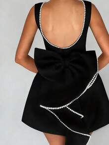Women's Short Dress With Bowknot & Faux Pearl Decor On Back Black Summer Party Elegant - Black - View 4