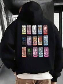 Men's 250g Pixel Style  Drink Pattern Double-Sided Print Hoodie With White Claw Logo And  Drink Pattern; Off-Road Bicycle, Motorcycle  Sports Top, Fox Racing  Apparel, Casual And Comfortable Long-Sleeve Pullover Hoodie, American-Style Men's Autumn And Winter Clothing, Loose Fit With Pockets, Available In Large Sizes, Suitable For Daily Wear And As A Gift. Y2Y-W-Mayja - 黑色 - 查看 4
