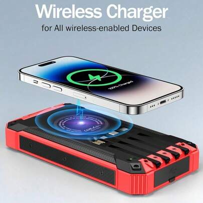 46800mAh Solar Charger Power Bank Wireless Charger Built In 4 Cables 6 Outputs, 15W Fast Charging Power Bank For All Mobile Devices With Dual Flashlights