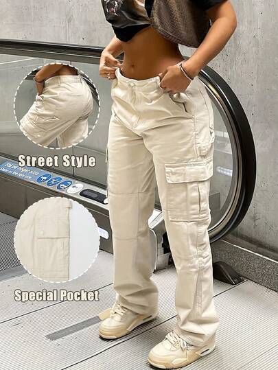 GILIPUR Y2K Style Women's Straight Loose Apricot Cargo Wide Leg Pants, Multi-Pocket Design Casual Retro Elegant Bottoms, Street Fashion Spring