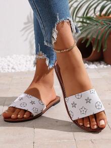 Sandal Selop Wanita Bentuk H, Gaya Romawi Kasual, Hak Rendah Nyaman dengan Desain Timbul, Sandal Datar Prancis untuk Pantai - Putih - View 5