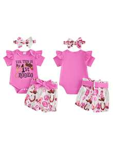 Western Baby Girl Clothes Cowgirl Summer Clothes Letter Boots Cow Print Crew Neck Short Sleeve Romper Shorts And Bow Headband 3 Pcs Set - 玫紅色 - 查看 10
