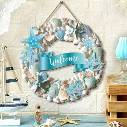 1件装夏季海洋风木质花环，贝壳、沙滩和海星造型，欢迎门牌，沙滩主题橱柜装饰，前门海星贝壳花环，适合海景房前门装饰、沙滩户外装饰、航海主题家居挂饰