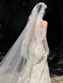 Elegant Soft Lace High-End Long Bridal Veil With Trailing, Suitable For Photography, Wedding Ceremony, And Bridal Makeup - 150cm - View 1