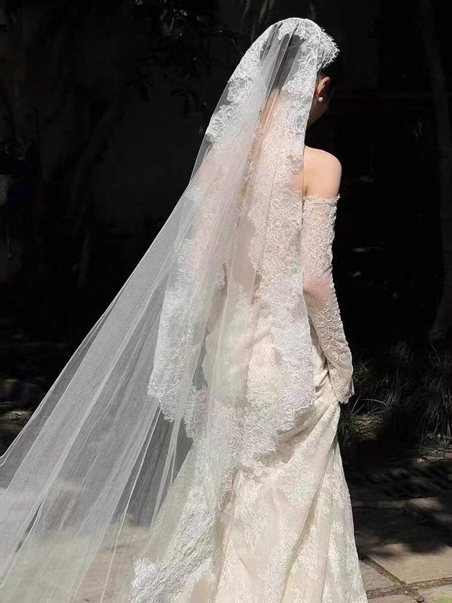 Elegant Soft Lace High-End Long Bridal Veil With Trailing, Suitable For Photography, Wedding Ceremony, And Bridal Makeup - 150cm - View 1