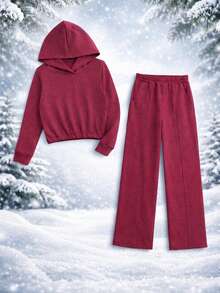 Girls' Winter Outfit With Hood And Wide Leg Pants – Comfortable, Warm, And Stylish ❄️ - Màu Hồng Tươi - Xem 3