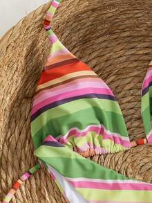 Onefish Bộ bikini nữ kẻ sọc xanh lá cây, hồng, cam, áo tam giác có dây đeo điều chỉnh được, cúp ngực trượt, eo cố định, quần cạp thấp, kiểu dáng gợi cảm, thích hợp cho kỳ nghỉ hè đi biển. - màu xanh lá - Xem 5