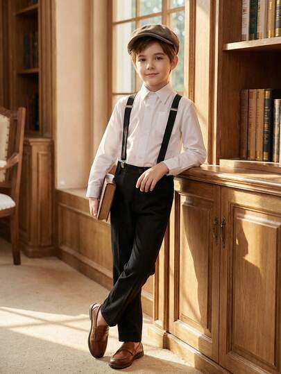 2-14 Years Old Young Boy 3-Piece Formal Suit Set, Including Pants, Shirt And Suspenders, For Party, Banquet, Graduation, Holiday, Casual, School, Birthday, Wedding, Formal Occasions