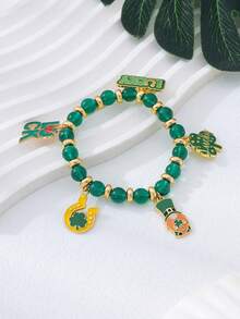 1pc Fashion Elegant St. Patrick's Day Beaded Elastic Bracelet, Suitable For Women As Holiday Gift Or Daily Wear - Green - View 3