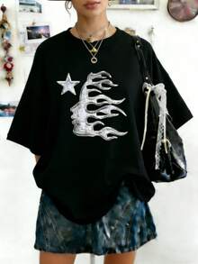 Hellstars Path To Paradise Abstract Y2K Graphic T-Shirt,220g 100% Cotton,Round Neck Short Sleeve,Black Streetwear Essential For Summer Going Out,Unisex Style - 黑色 - 查看 1