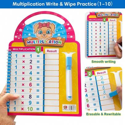 Lachilly Libro de práctica de multiplicación con páginas reutilizables, tarjetas de práctica de multiplicación de autocomprobación, juguete de aprendizaje matemático para niños, suministros de aprendizaje interactivo para maestros y estudiantes, recursos para el hogar y la escuela, juguetes educativos