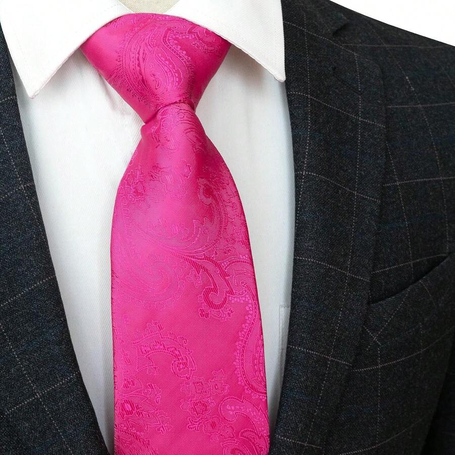 Men's Tie And Pocket Square Set, Including Tie Clip And Cufflinks - 玫紅色 - 查看 1