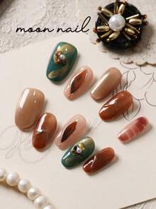 10片装美甲贴片，绿色、棕色、猫眼色、金色丝线，短款，包含1张粘性贴片和1个迷你指甲锉。 - 彩色 - 查看 2