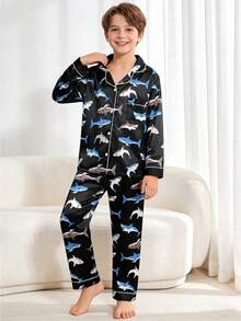 2pcs Tween Boy Shark Print Long Sleeve Pajama Set - Multicolor - View 2