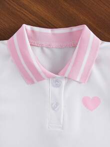 2件套女童户外休闲甜美爱心刺绣撞色条纹无袖polo衫和可爱开衩针织裙，夏季 - 粉色 - 查看 3