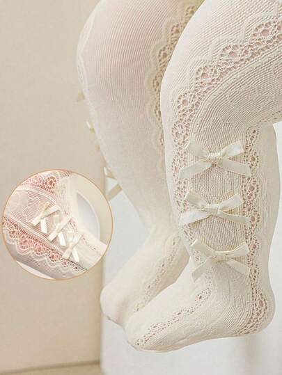 1pc Beige Bunny Bow Lace Pantyhose For Babies And Children. Made Of Breathable Mesh With Openwork Design, Sweet, Cute, Soft, And Comfortable. Suitable For Everyday Summer Wear As Leggings.