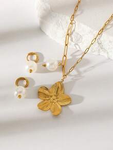 3pcs Gold Stainless Steel Plumeria Pendant Jewelry Set, Necklace Suitable For Gifting To Friends And Girlfriends - Frangipani + Earring Set - View 3