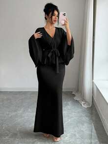 Solid Color Elegant Party Spring Casual Tie Ruffle Hem 2 Pieces Set Black - Black - View 5