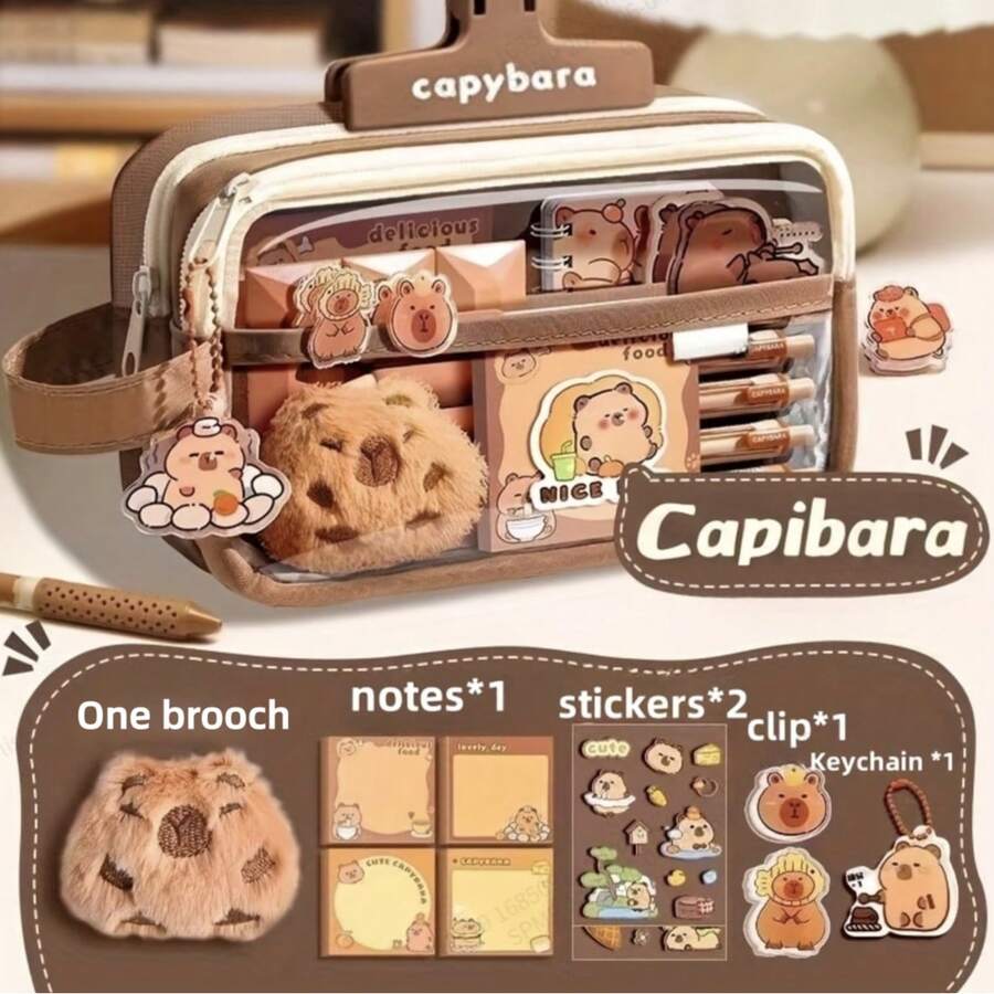 Case 33-Piece Cute Capybara Pencil Case Set - Kawaii 5-Layer Transparent Pen Bag With Compartments, Large Capacity Multi-Functional Student Stationery Set Includes Pins, Stickers & Notebook