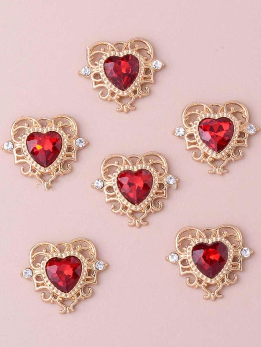 5pcs DIY Handmade Flower Plate Rhinestone Button Materials, Hollow Lace Inlaid Heart Crystal Alloy Accessories - Red - View 1