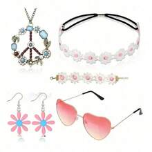 Set de 5 piezas de accesorios con estilo hippie, collar con símbolo de la paz, aretes con margaritas, diadema con flores, gafas de moda, collar y pulsera con rhinestones, regalo para festival o fiesta - Azul - Ver 41