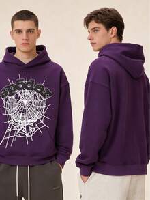 2-Piece Set Men's Hooded Sweatshirt, Spider Web Pattern, Letter Print, Colorful Stars, Street Punk Style, Casual Fitted, Fall & Winter, Graphic Hoodie,Y2k Clothing Streetwear,Mens Winter Clothes - 紫色*2 - 查看 3
