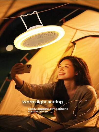 1 pieza Ventilador de Camping con Luz LED, Admite Carga USB, Batería de Litio Integrada de 1800mAh, Incluye Gancho, Adecuado para Tienda de Campaña, Coche, Viajes al Aire Libre y Dormitorio, Tiene Modos de Iluminación y Ventilador, Color: Blanco