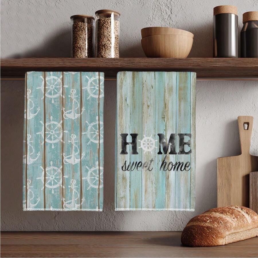 MEMNUN 2 chiếc khăn lau bếp bằng gỗ màu xanh dương và xanh lá cây họa tiết "Nhà là nơi ấm cúng", kích thước 15.75*23.62in (40*60cm), khăn lau bát đĩa bằng sợi microfiber siêu mềm, thấm hút tốt, hoàn hảo cho trang trí phòng tắm và phòng ăn, nấu nướng và làm bánh. - Nhiều màu - Xem 1