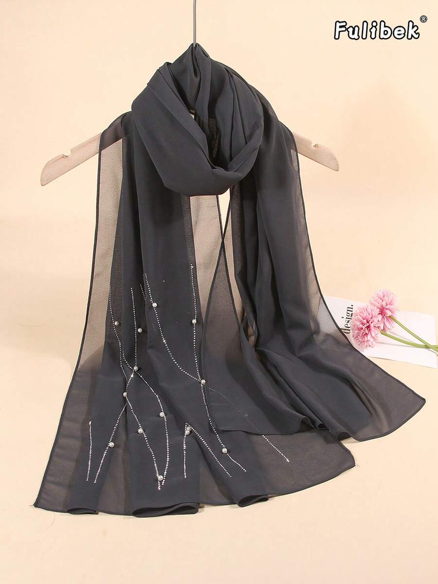 Novo Elegante Lenço Feminino Hijab com Pérolas e Laço de Strass de Chiffon, Xale Leve e Respirável para Todas as Estações, para Festas, Jantares e Ocasiões à Noite - Cinza - Visão 1