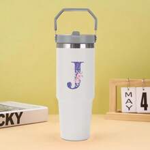 30oz Water Bottles Stainless Steel Insulated Tumbler With Carry Handle Double Walled Leak Proof Fits Most Cup Holder Water Cup With Lid And Straw For Gym Home Office Travel A-Z Letters Purple Flower Pattern - Multicolor - View 23
