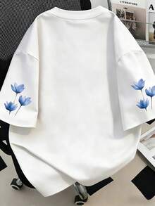 大码女式休闲蓝色碎花圆领T恤，适合夏季度假、海滩、春季、情人节、狂欢节、母亲节礼物；也适合日常穿着、外出、节日、海滩、派对、生日、聚会、学校、音乐节、假期、通勤、健身、婚礼、新年、春季上衣、女士夏季服装、女士节日服装 - 白色 - 查看 2