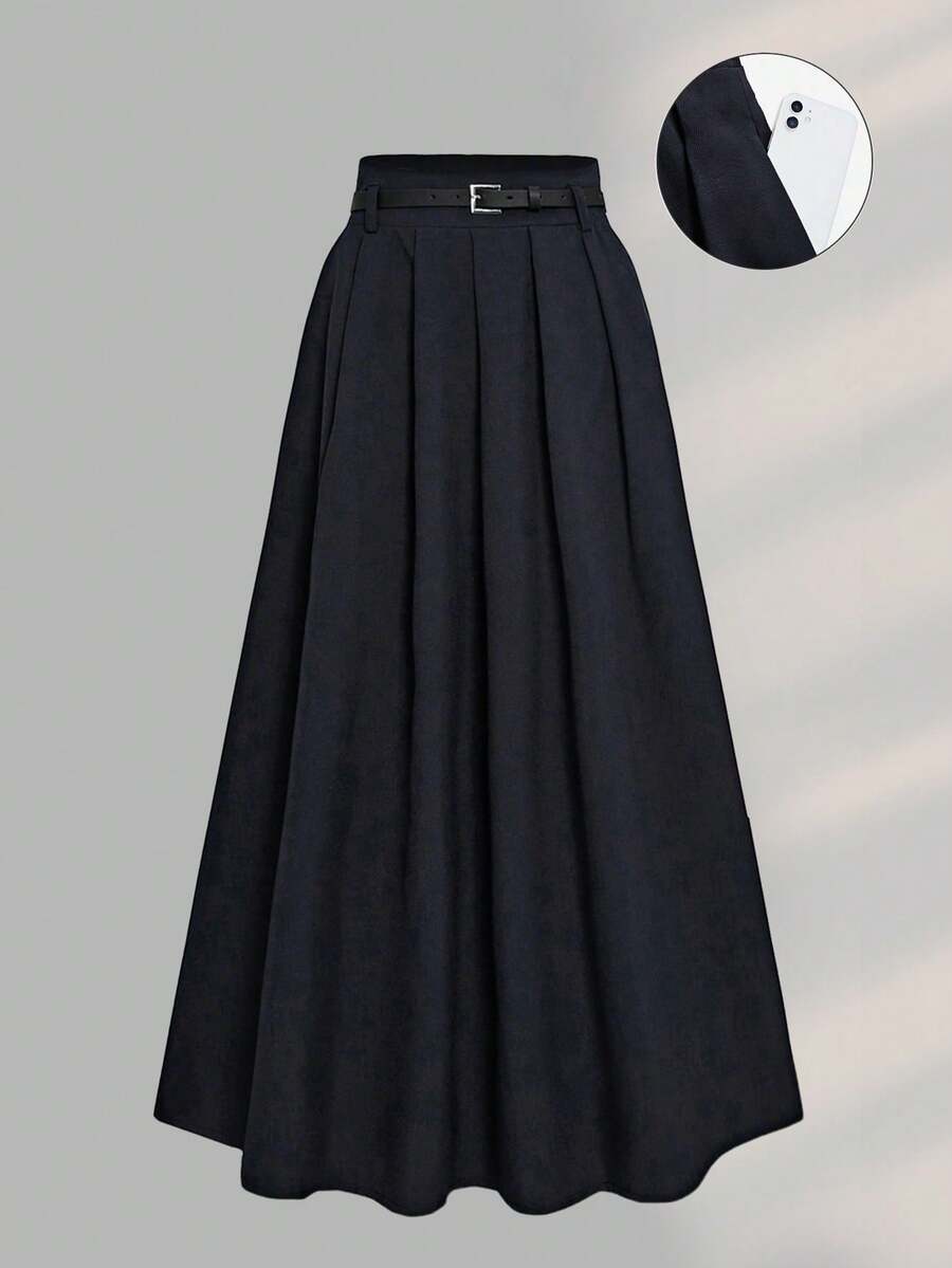 女士休闲百搭纯色高腰褶裥A字裙 春季 - 藏蓝色 - 查看 1