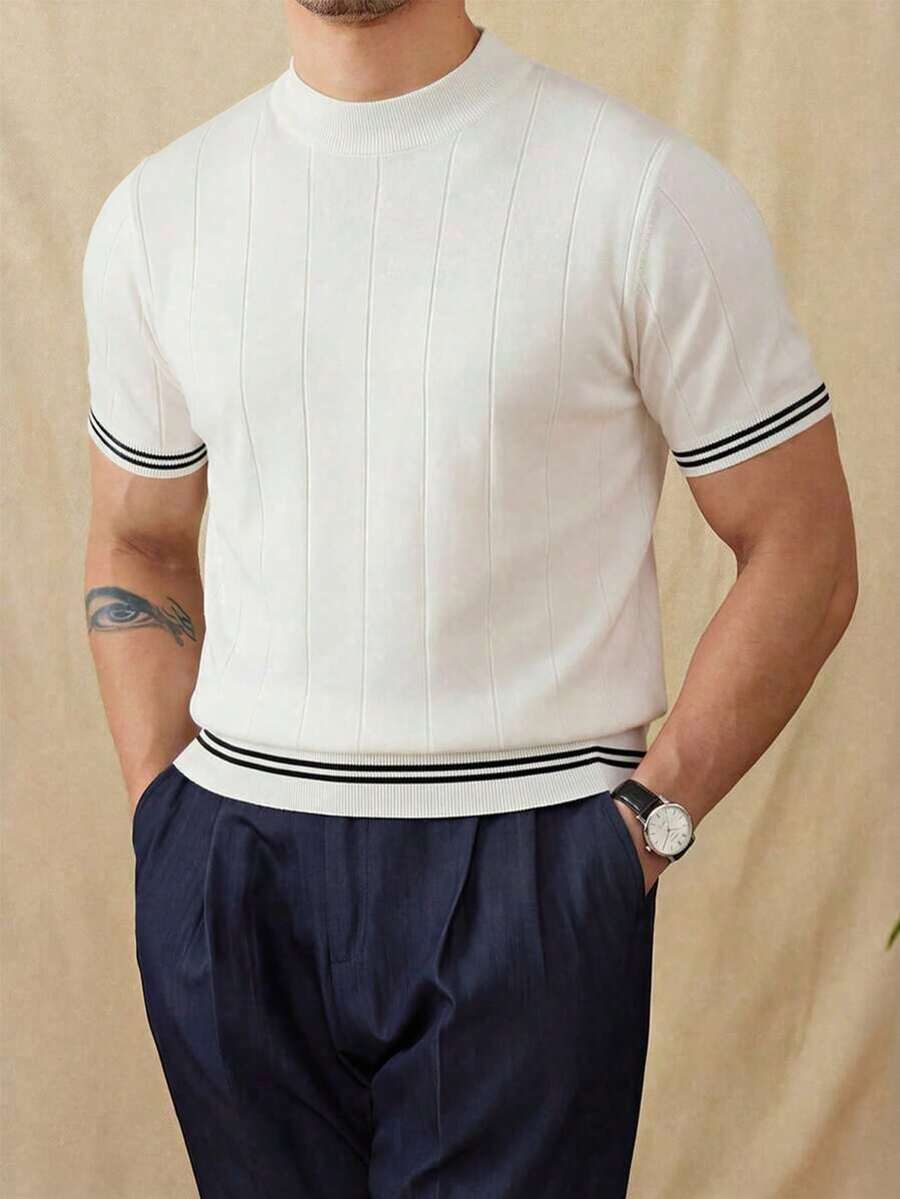 男士休闲学院风通勤纯色简约针织短袖套头毛衣，大码，春夏款 - 白色 - 查看 1