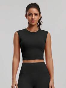 NcmRyu 1pc Women's Crew Neck Criss-Cross Back Elastic Sports Tank Top - Black - View 3