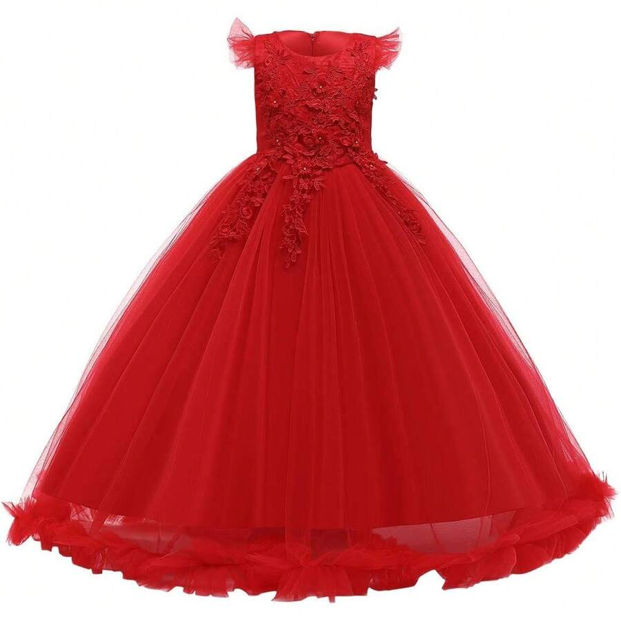 Vintage Lace Party Dress For Girls - Boho Style Maxi Gown For Pageant, Wedding & Celebration - 紅色 - 查看 1