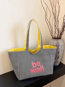 Bolsa de lona a rayas de doble cara, una bolsa de compras minimalista ligera y casual, adecuada para mujeres jóvenes, estudiantes universitarios, principiantes y trabajadores de oficina. Ideal para oficina, escuela, trabajo, negocios, transporte, actividades al aire libre, viajes y otros escenarios - Negro - Ver 6
