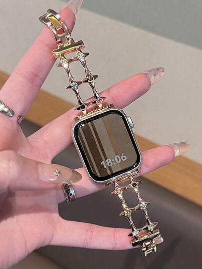 1 pieza Banda de aleación de oro rosa de lujo compatible con IWatch de 38mm, 40mm, 41mm, 42mm, 44mm, 45mm, 46mm, 49mm, Banda con hebilla en forma de estrella de lujo compatible con Apple Watch Series Ultra 3/2/1 11 10 9 8 7 SE3 6 5 4 3 2 1, Banda de reloj inteligente de estilo pulsera compatible con correas de , Accesorios de banda de reloj
