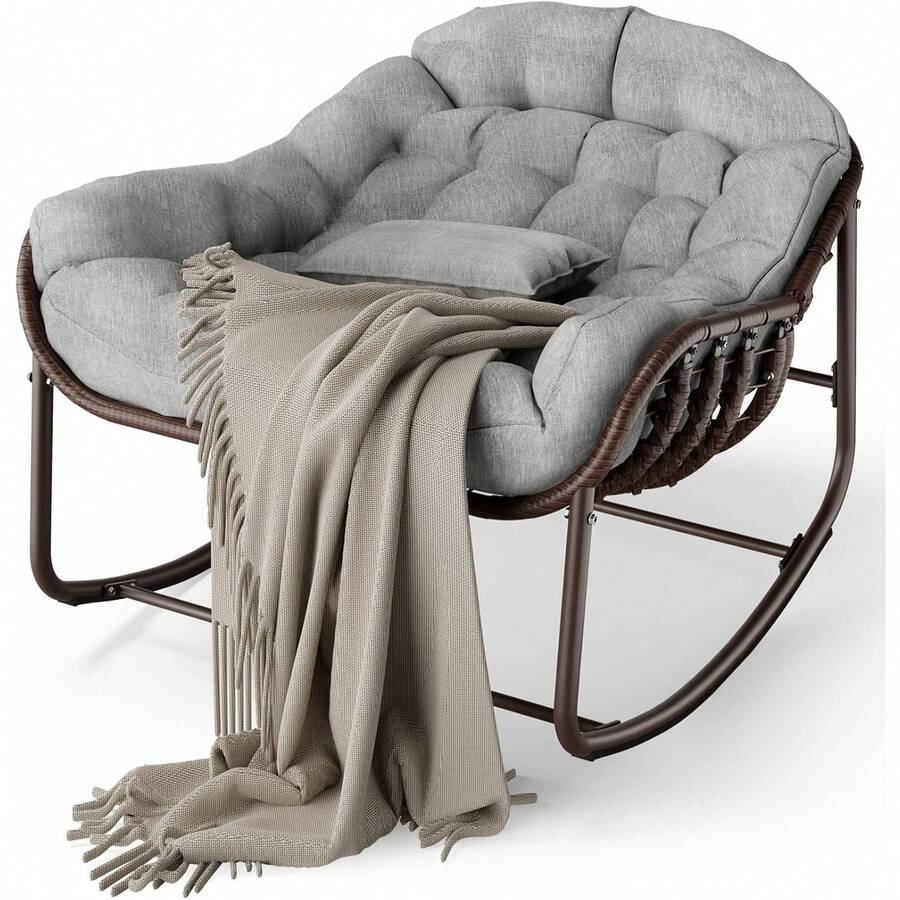 Silla de balanceo al aire libre de 36,6 pulgadas para la sala de estar, Silla de huevo Rocker Papasan cómoda con marco de metal, Silla de balanceo al aire libre de interior para el jardín del patio del dormitorio del césped del porche - Gris - Ver 1