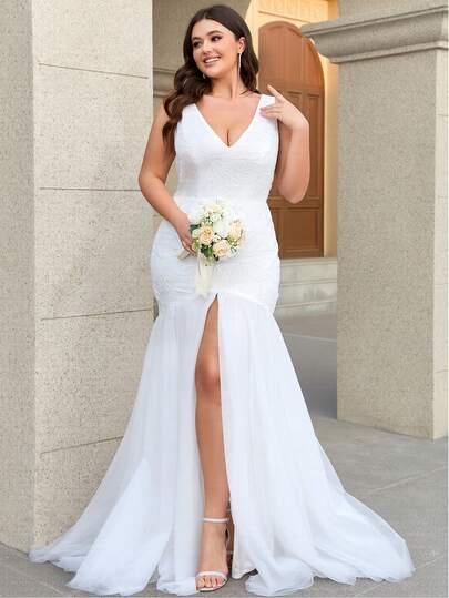 Women Plus Size Elegant Mature Party Romantic Mesh Applique Wedding Dresses For Bridal Event, Bachelorette, Bridal Shower, Brunch, Engagement, Honeymoon, Reception, Rehearsal, Spring/Summer/Autumn