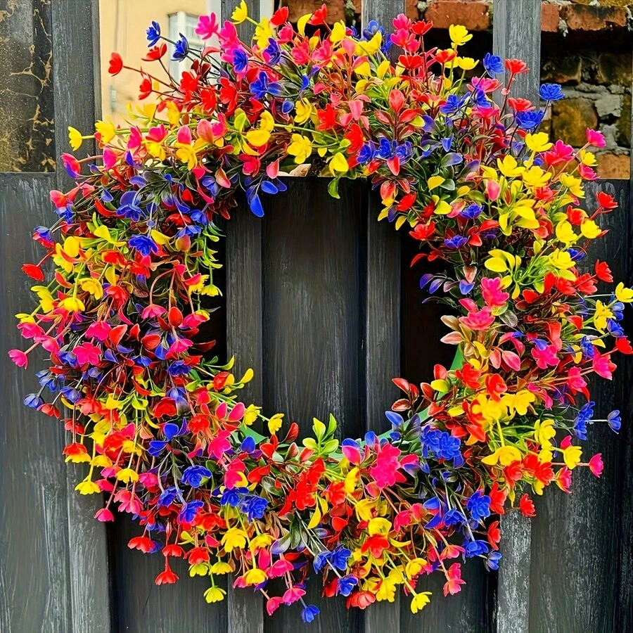 1pc Colorful Eucalyptus Wreath, Rustic Plastic Floral Wreath Decor, Suitable For Spring, Summer, Fall Outdoor Garden Hanging, Artificial Flower Arrangement, No Feathers, Great For Valentine's Day, Thanksgiving, Father's Day, Lei Day