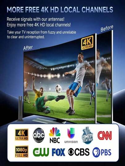 360°超强高清电视天线 - 免费高清广播范围达580英里，支持4K 1080p，安装简便，适用于城市和乡村地区，室外天线 | 时尚黑色设计 | 易于安装的天线