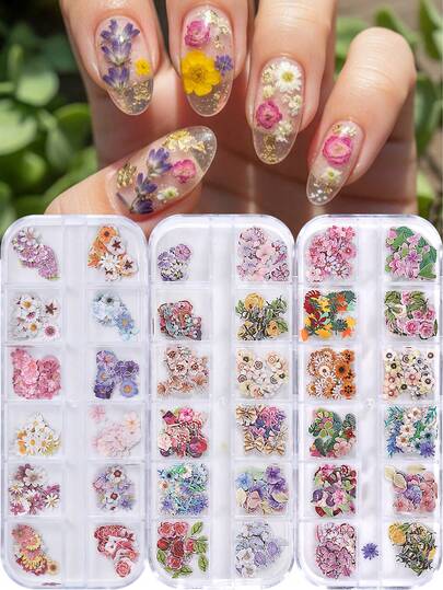 1/3盒 3D春日花朵蜜蜂蝴蝶美甲装饰纸浆亮片仿真花朵美甲饰品配件郁金香雏菊玫瑰叶子美甲薄片沙龙DIY用品美甲装饰