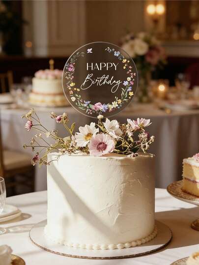 1个透明亚克力蛋糕装饰盘，“生日快乐”“MR&MRS”彩色印花蛋糕装饰盘，花卉装饰，适合生日和周年纪念日装饰