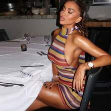 Hot And Spicy Dopamine Striped Women's Sexy Hot Girl Slimming Bareback Hanging Neck Strap Contrasting Color Hip Wrapping Dress - 棕色 - 查看 5