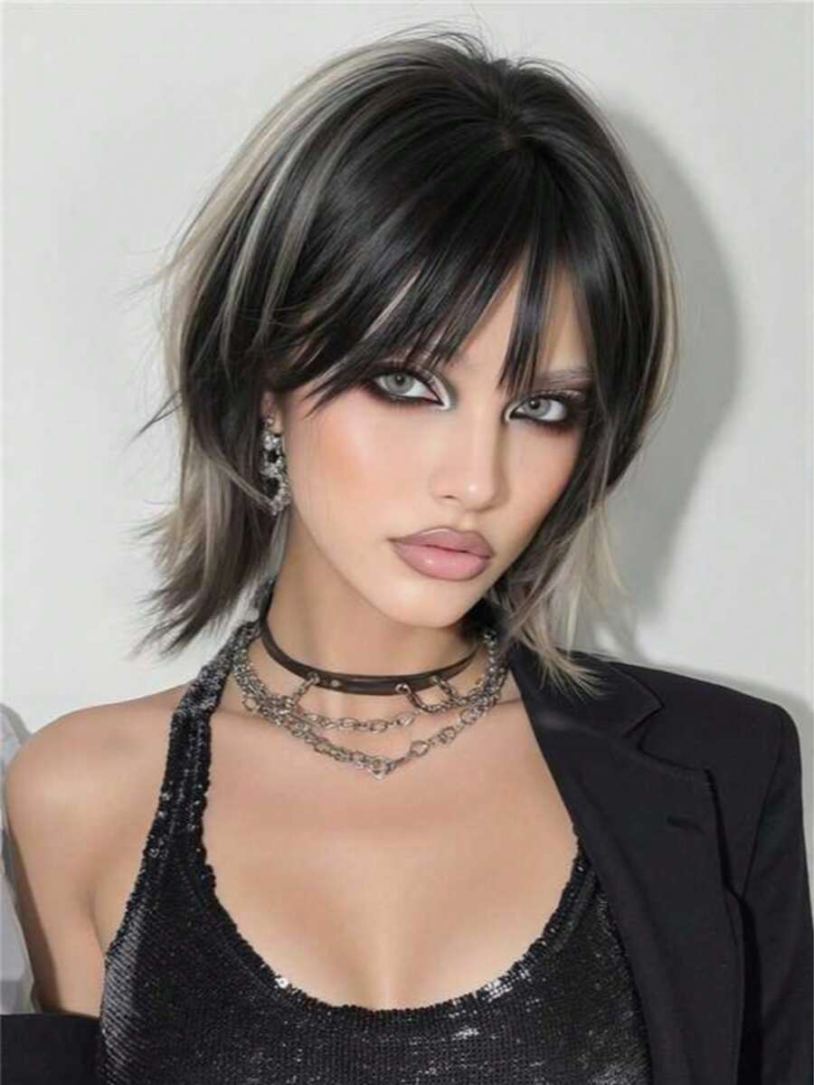 Short Silver-Gray And Black Wigs Layered 80s Pixie Cut Wig With Bangs Synthetic Natural Fake Hair Wigs For Replacement Wigs Colourful Synthetic Hair Wig High Temperature Hair For Women Holiday Daily Fashion Style Synthetic Hair Wig Woven Hair Wig For Halloween And Christmas - 拼色 - 查看 1