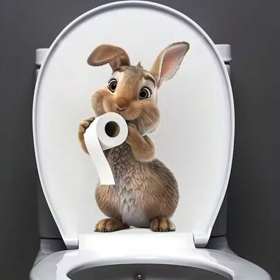 1pc Funny Rabbit Toilet Seat Sticker, Cute Rabbit Holding Toilet Paper Pattern Decal, Removable Bathroom Toilet Lid Decoration